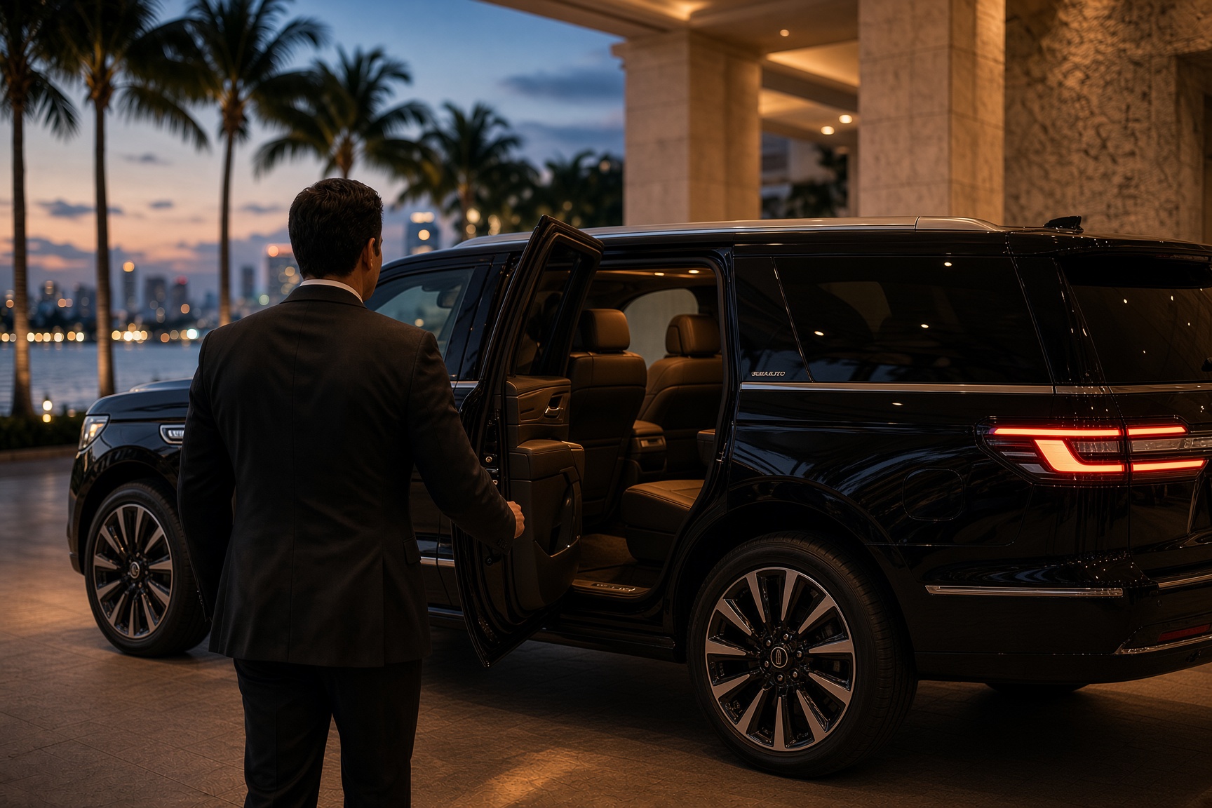 Private chauffeur holding the door of a Lincoln Navigator