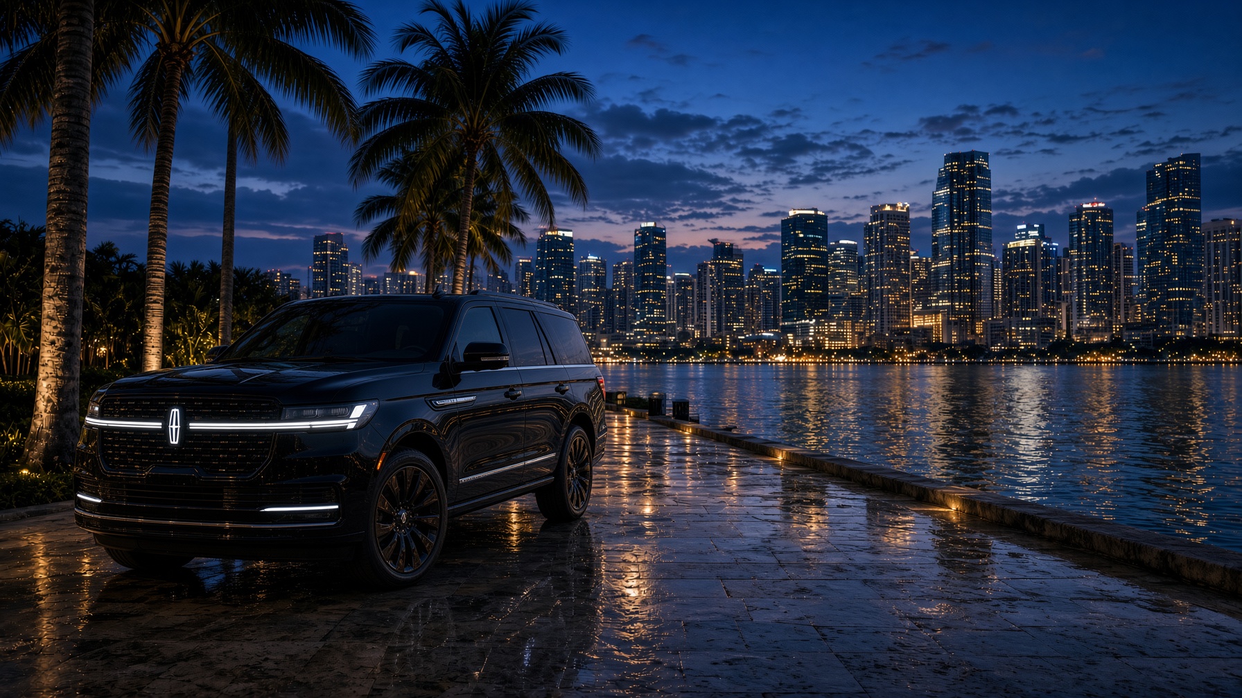 A private Lincoln Navigator on the Miami waterfront at dusk